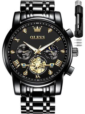 Men's Black Skeleton Stainless Steel Diamond Multi Calendar Chronograph Watch